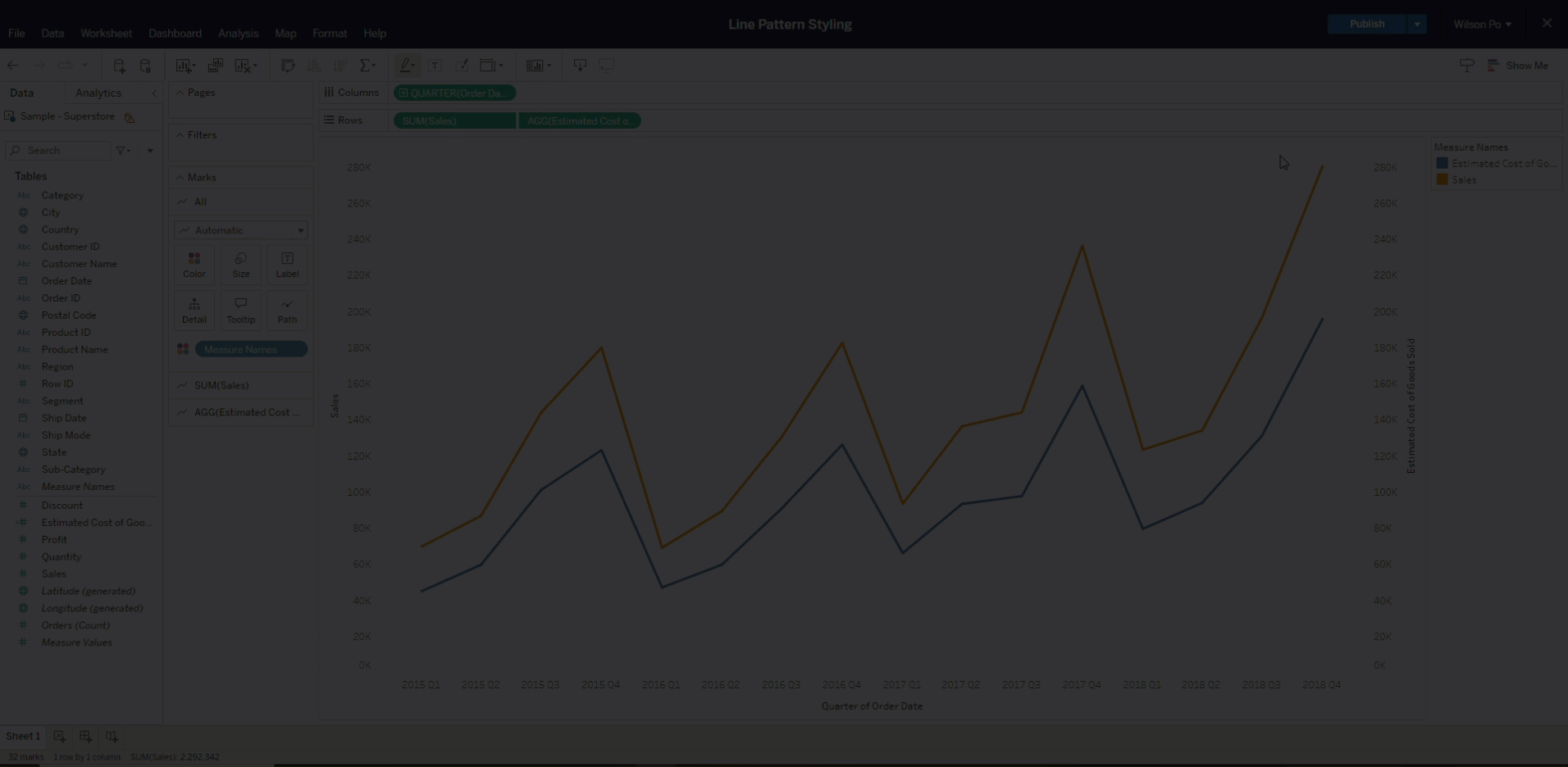 Short looping video showing two, stacked line graphs, and a cursor selects the bottom, blue graph, changing the style to be a dotted line